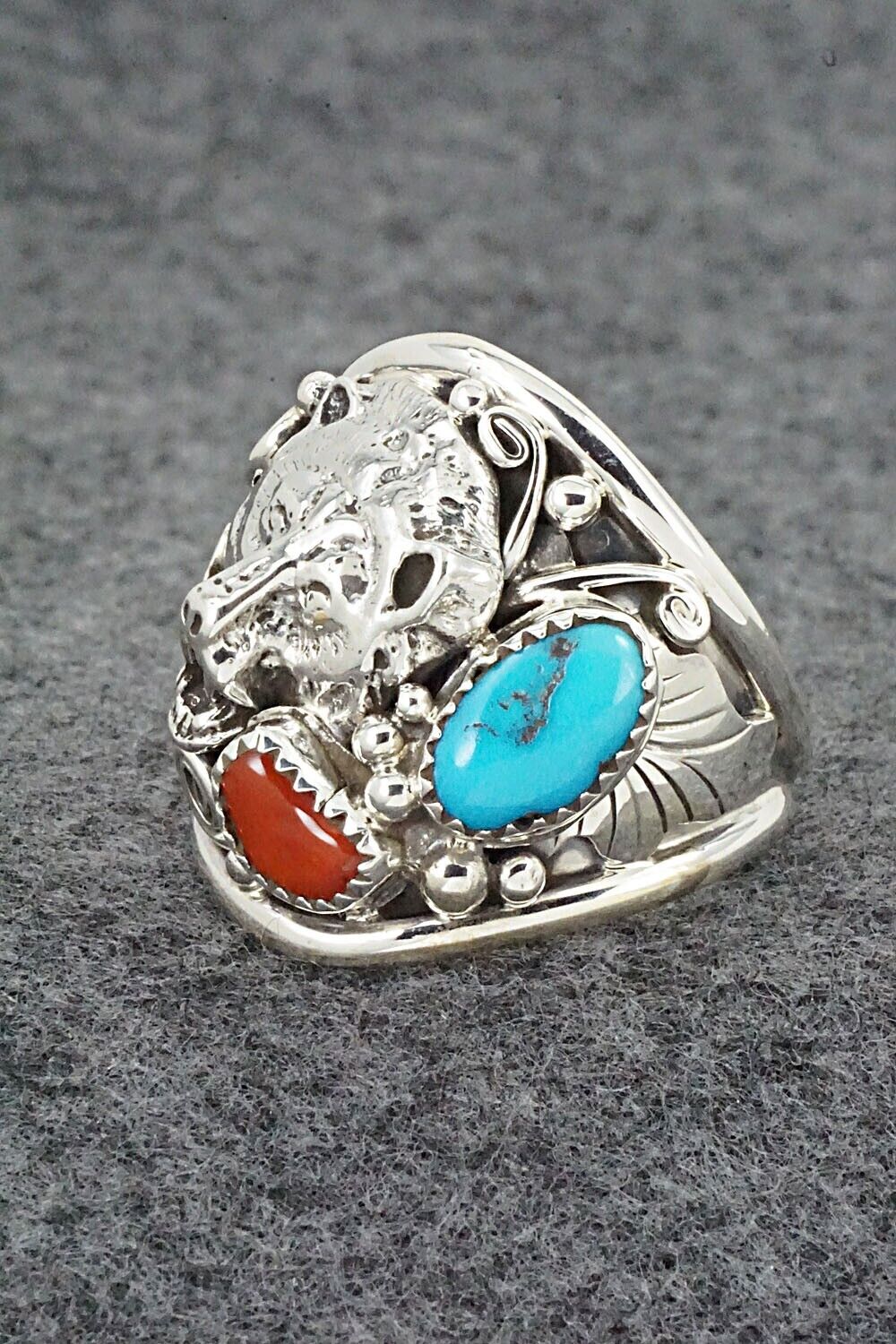 Turquoise, Coral & Sterling Silver Ring - Jeannette Saunders - Size 14