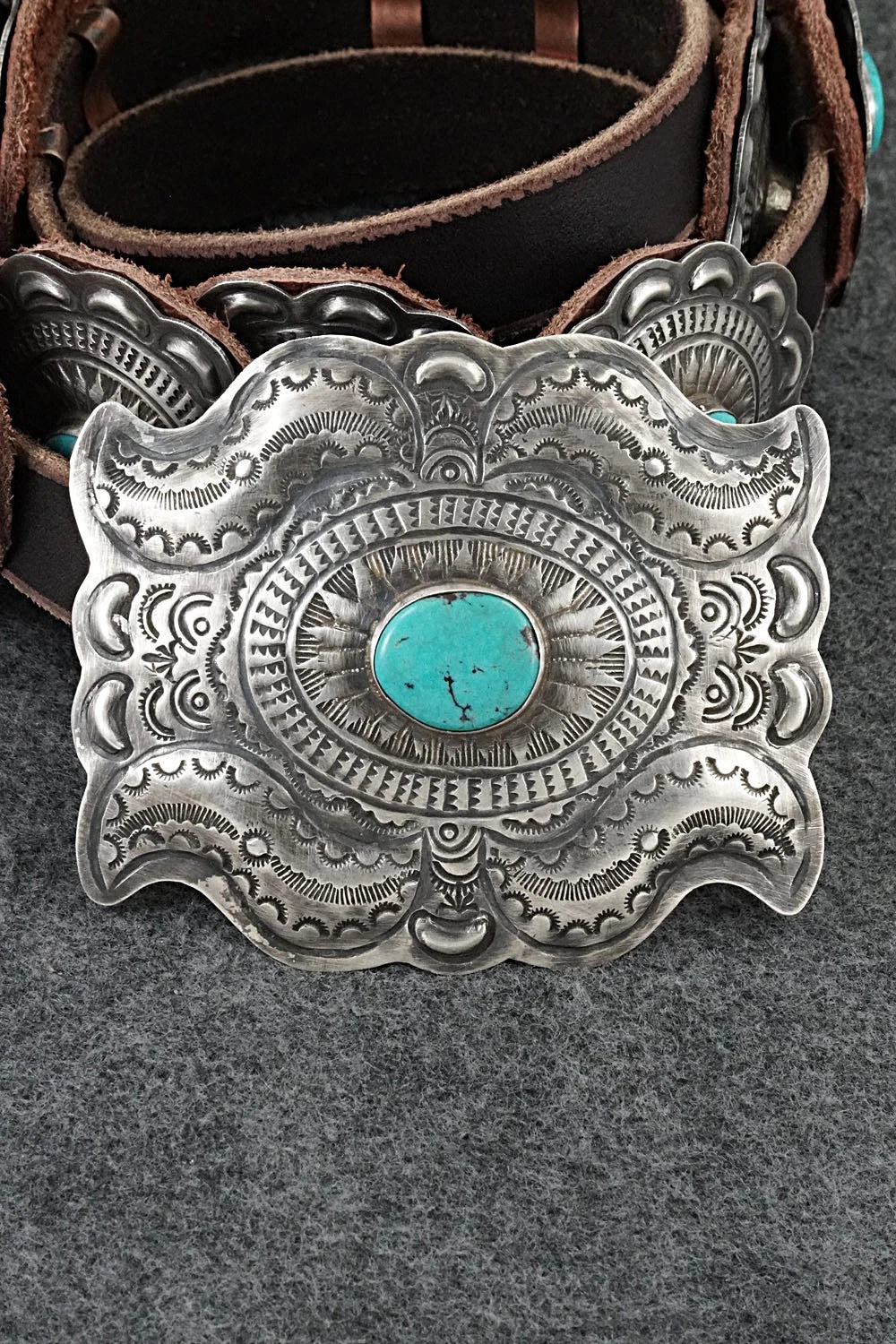 Turquoise, Sterling Silver & Leather Concho Belt - Dan Morgan