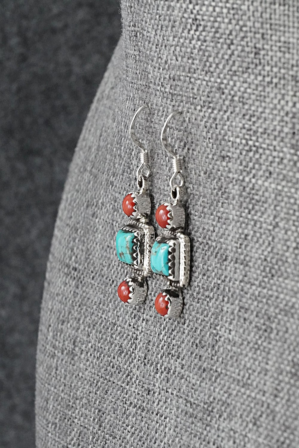 Turquoise, Coral & Sterling Silver Earrings - Gary Shorty