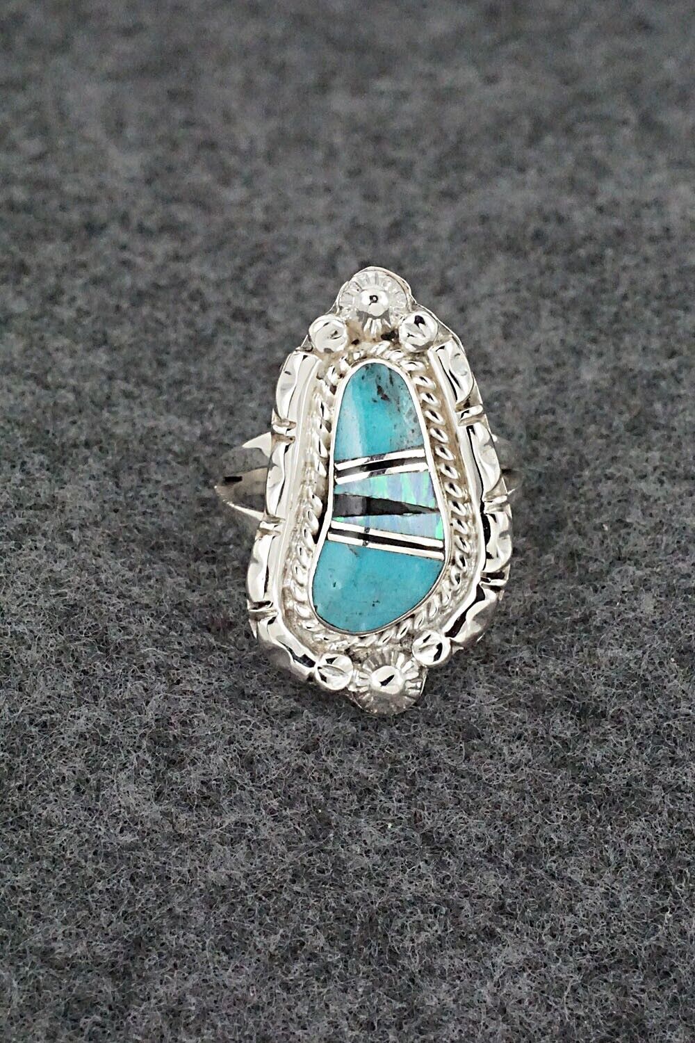 Turquoise, Onyx, Opalite & Sterling Silver Ring - James Manygoats - Size 6.25