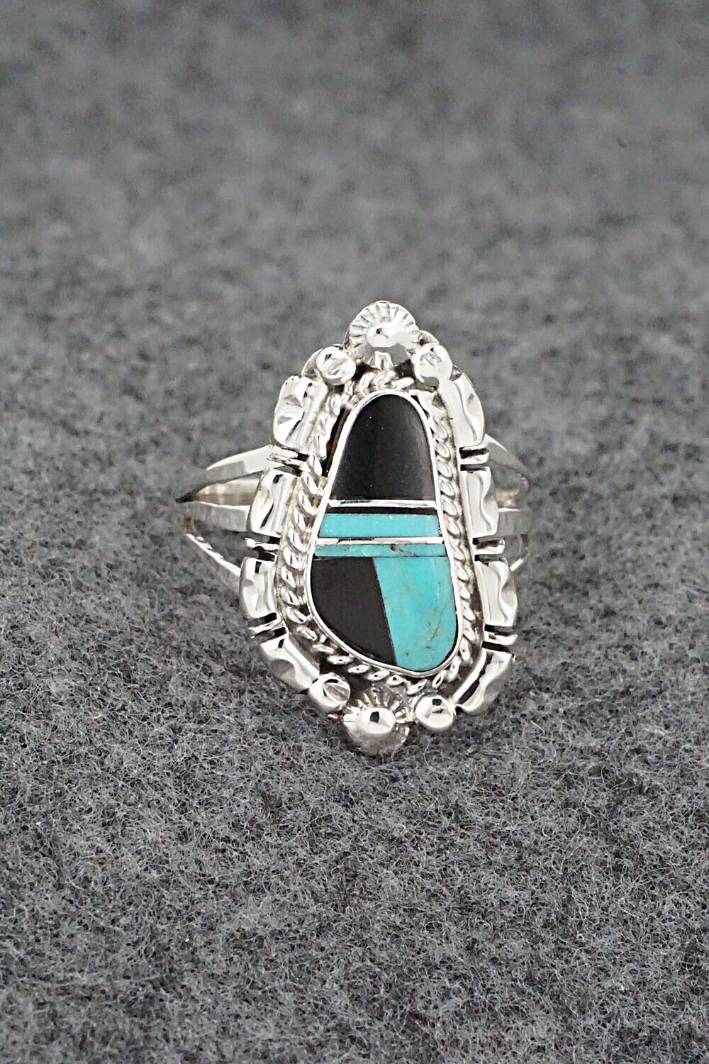 Turquoise, Onyx & Sterling Silver Ring - James Manygoats - Size 9