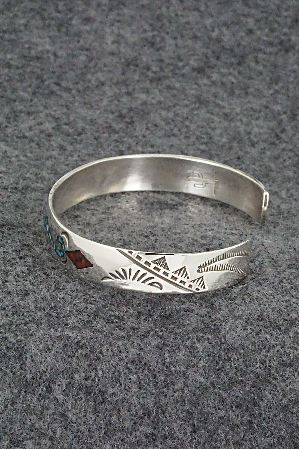 Turquoise, Coral Chip Inlay & Sterling Silver Bracelet - Joleen Yazzie