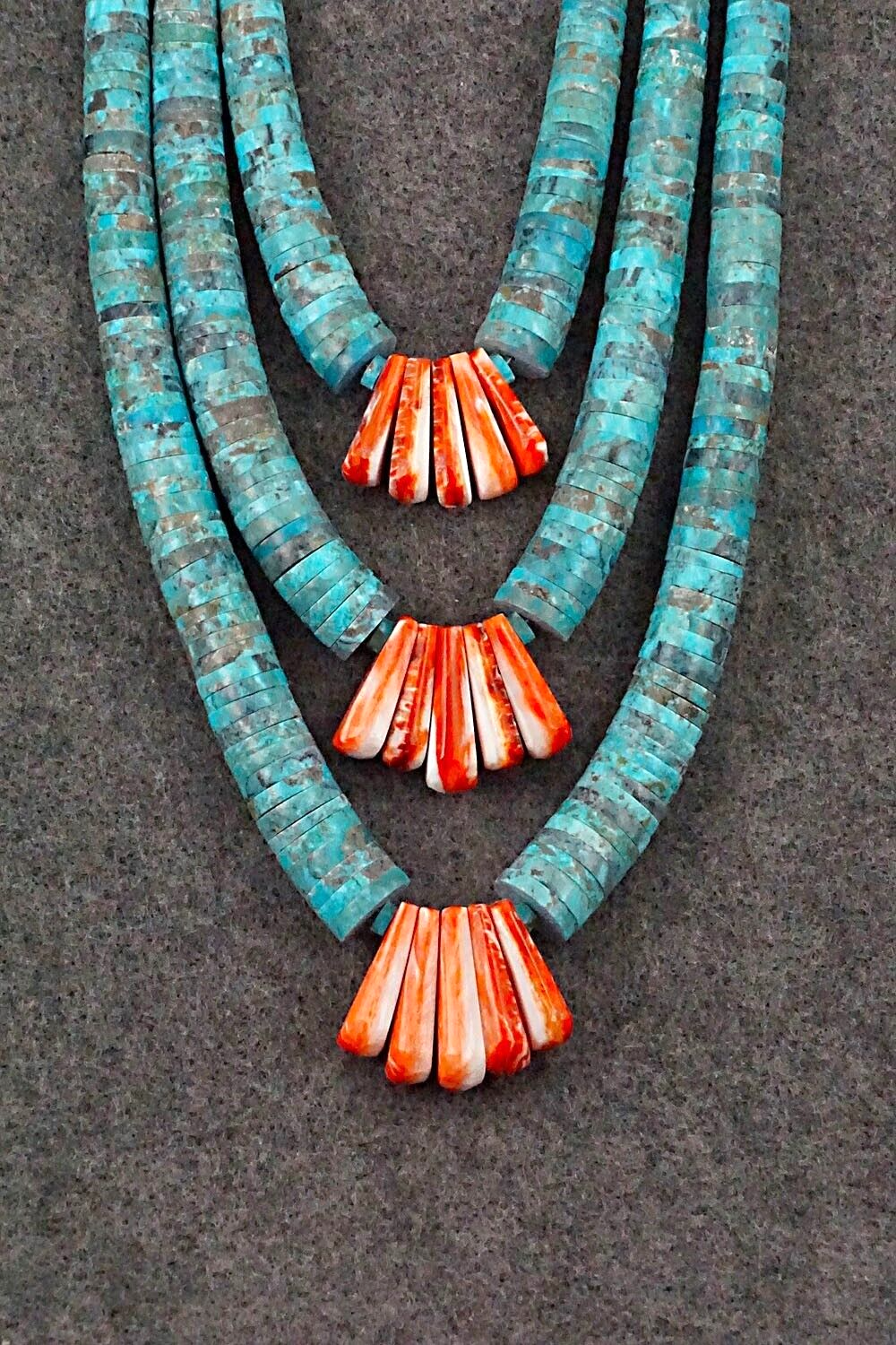 Turquoise, Spiny Oyster and Sterling Silver Necklace - Lupe Lovato