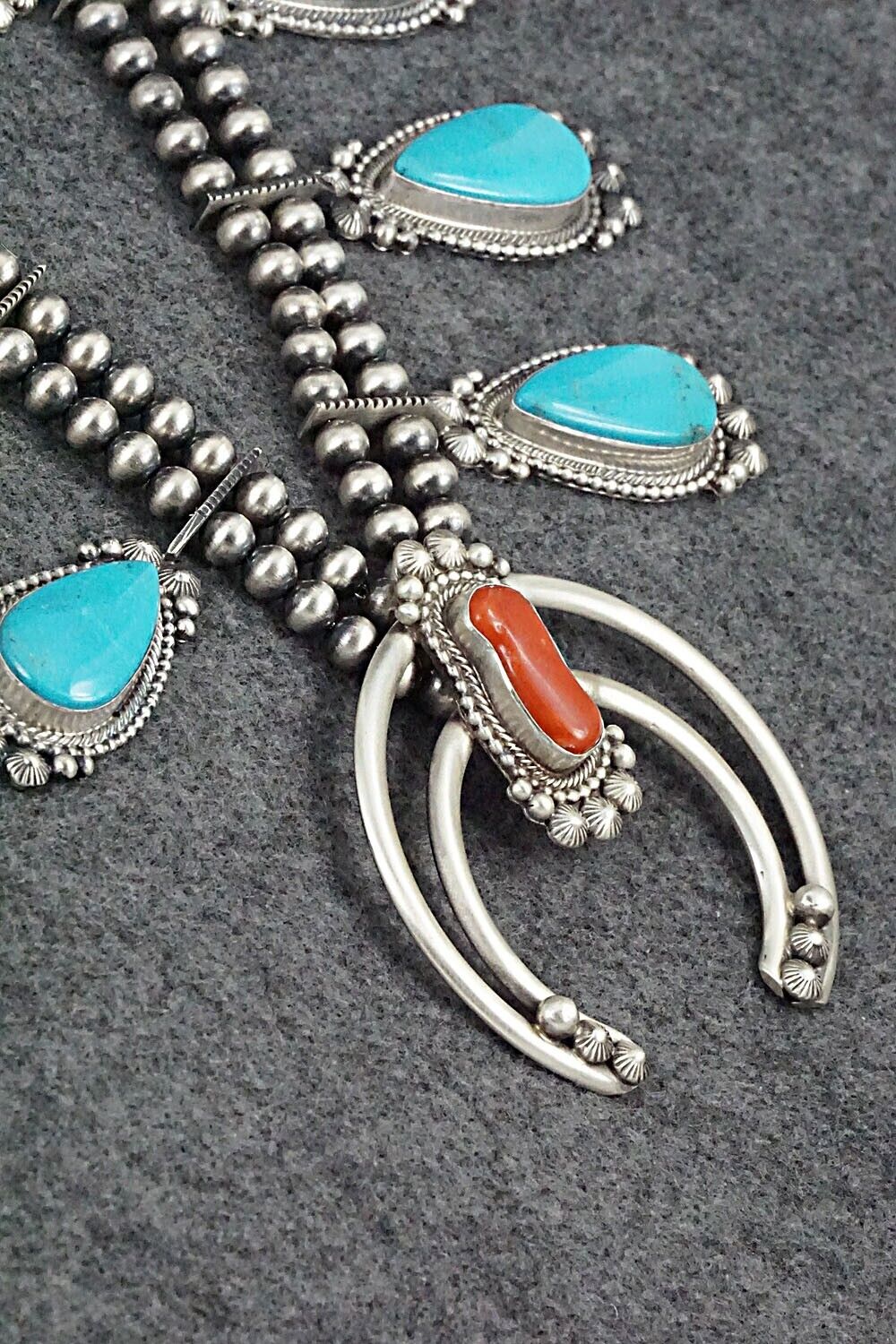 Turquoise, Coral & Sterling Silver Squash Blossom Set - Tom Lewis