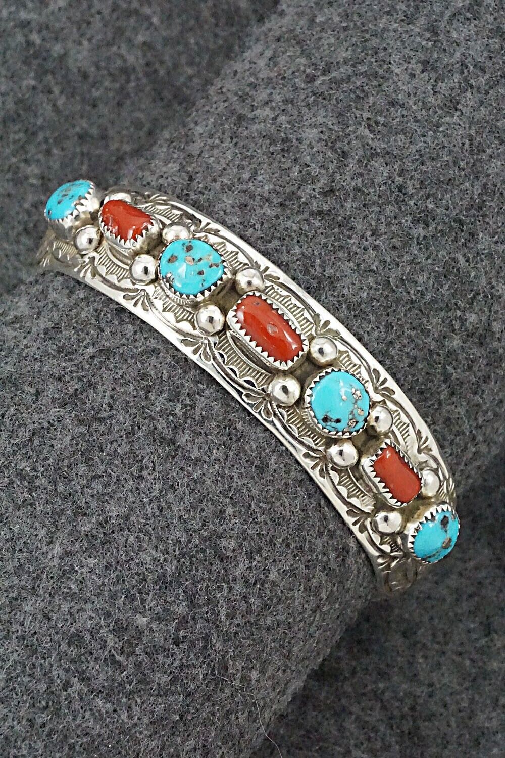 Coral, Turquoise & Sterling Silver Bracelet - Grace Silver