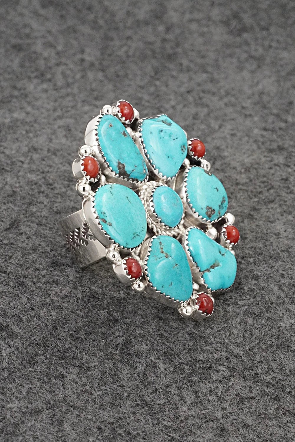 Turquoise, Coral & Sterling Silver Ring - Anthony Brown - Size 10