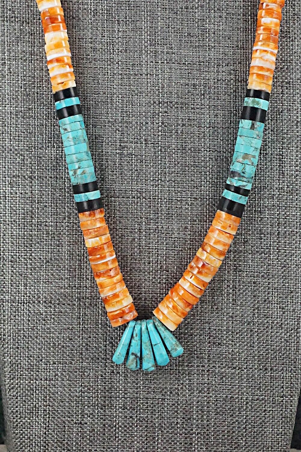 Turquoise, Spiny Oyster, Onyx & Sterling Silver Necklace - Lupe Lovato
