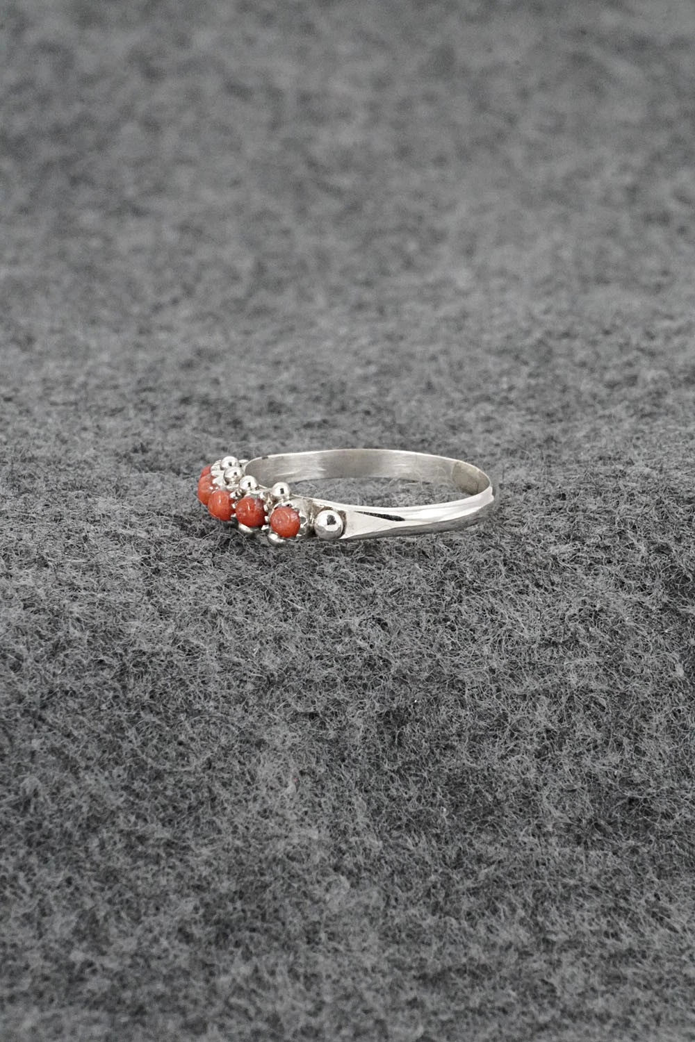 Coral & Sterling Silver Ring - April Haloo - Size 6.25