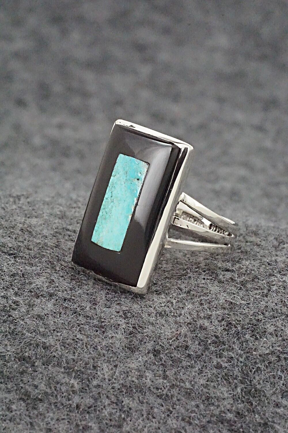 Turquoise, Onyx & Sterling Silver Ring - Harlan Coonsis - Size 7