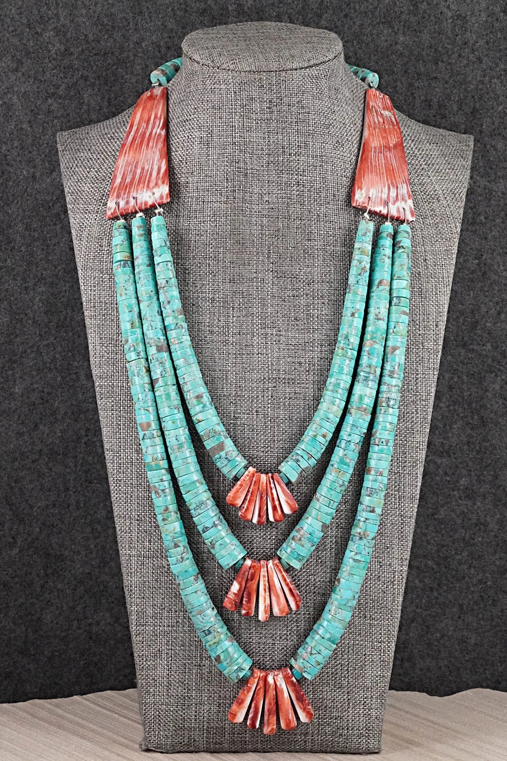 Turquoise, Spiny Oyster and Sterling Silver Necklace - Lupe Lovato