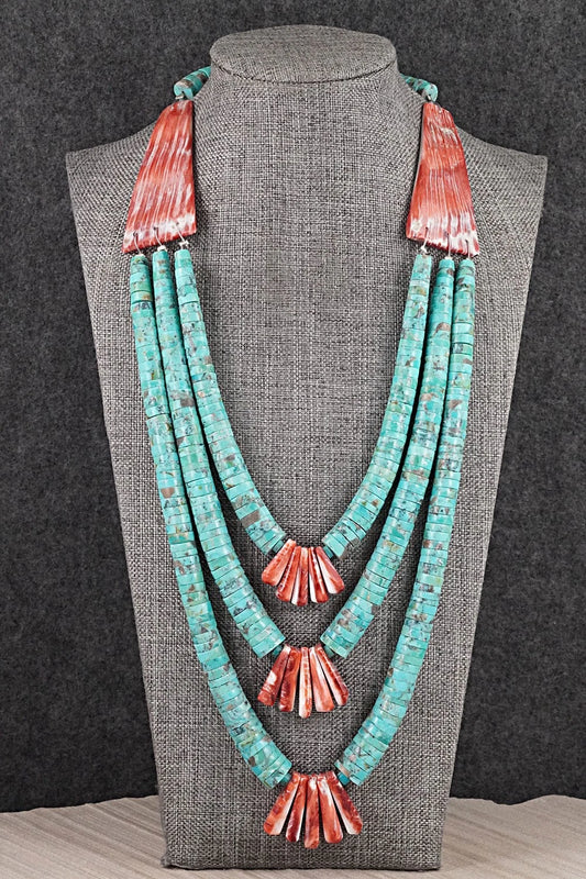 Turquoise, Spiny Oyster and Sterling Silver Necklace - Lupe Lovato