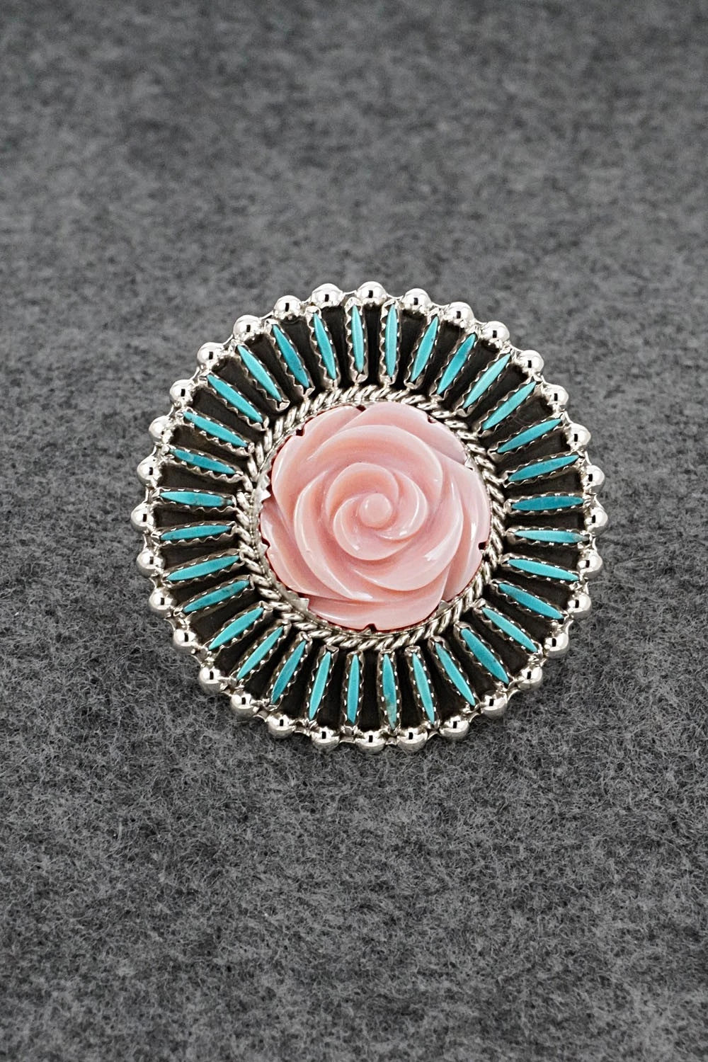 Turquoise, Pink Conch & Sterling Silver Ring - Roland Francisco - Size Adj.