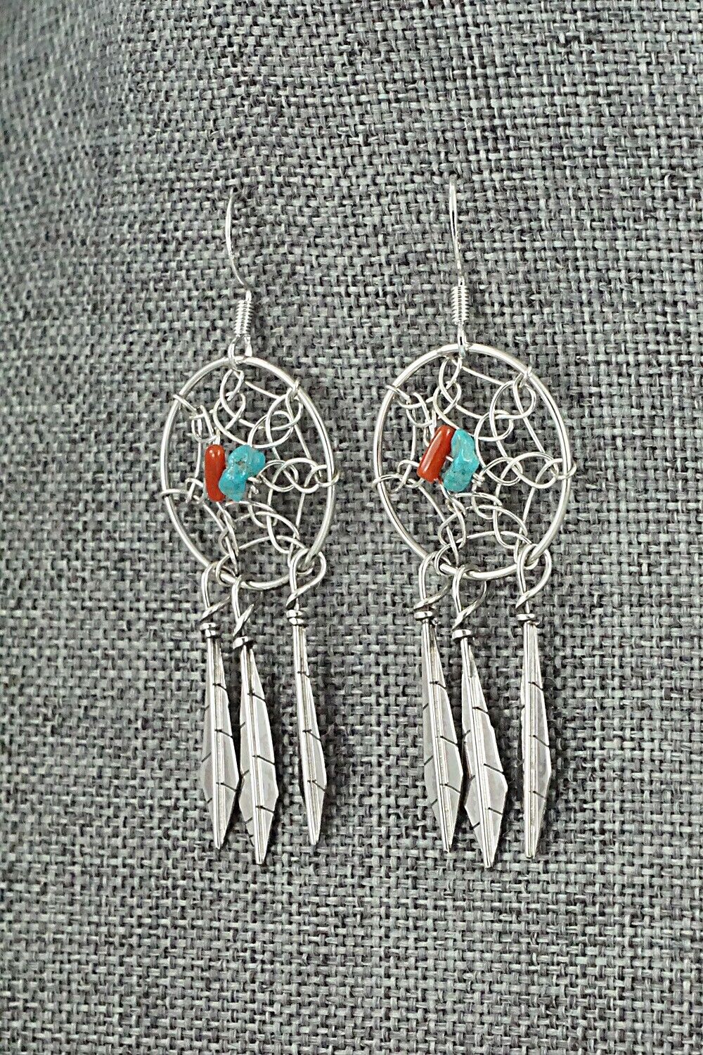 Turquoise, Coral & Sterling Silver Earrings - Lorenzo Arviso Jr.