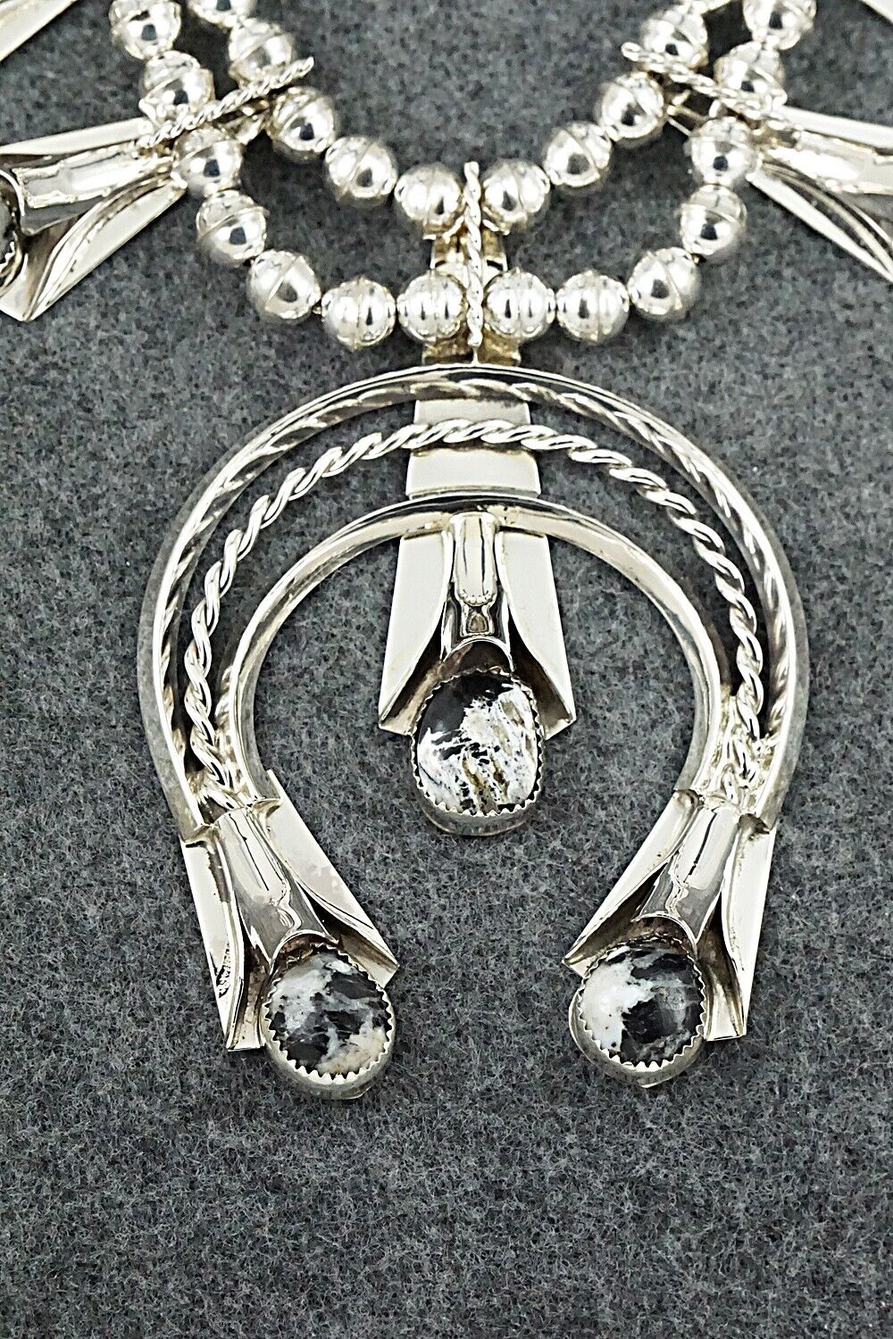 White Buffalo & Sterling Silver Squash Blossom Set - Louise Yazzie