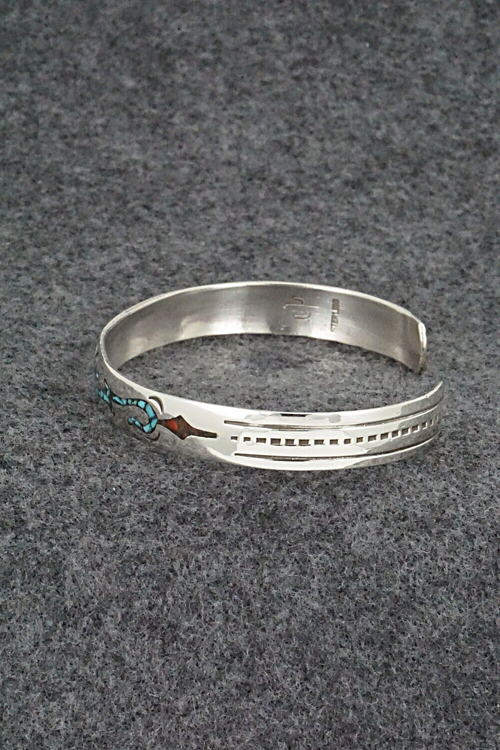 Turquoise, Coral Chip Inlay & Sterling Silver Bracelet - Joleen Yazzie