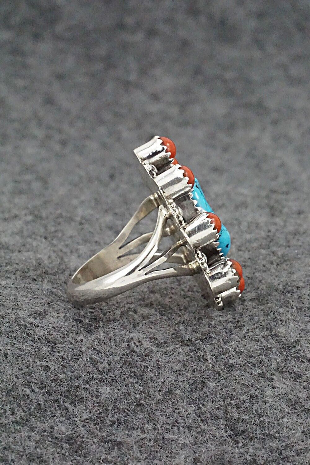 Turquoise, Coral & Sterling Silver Ring - Rene Yazzie - Size 7.5