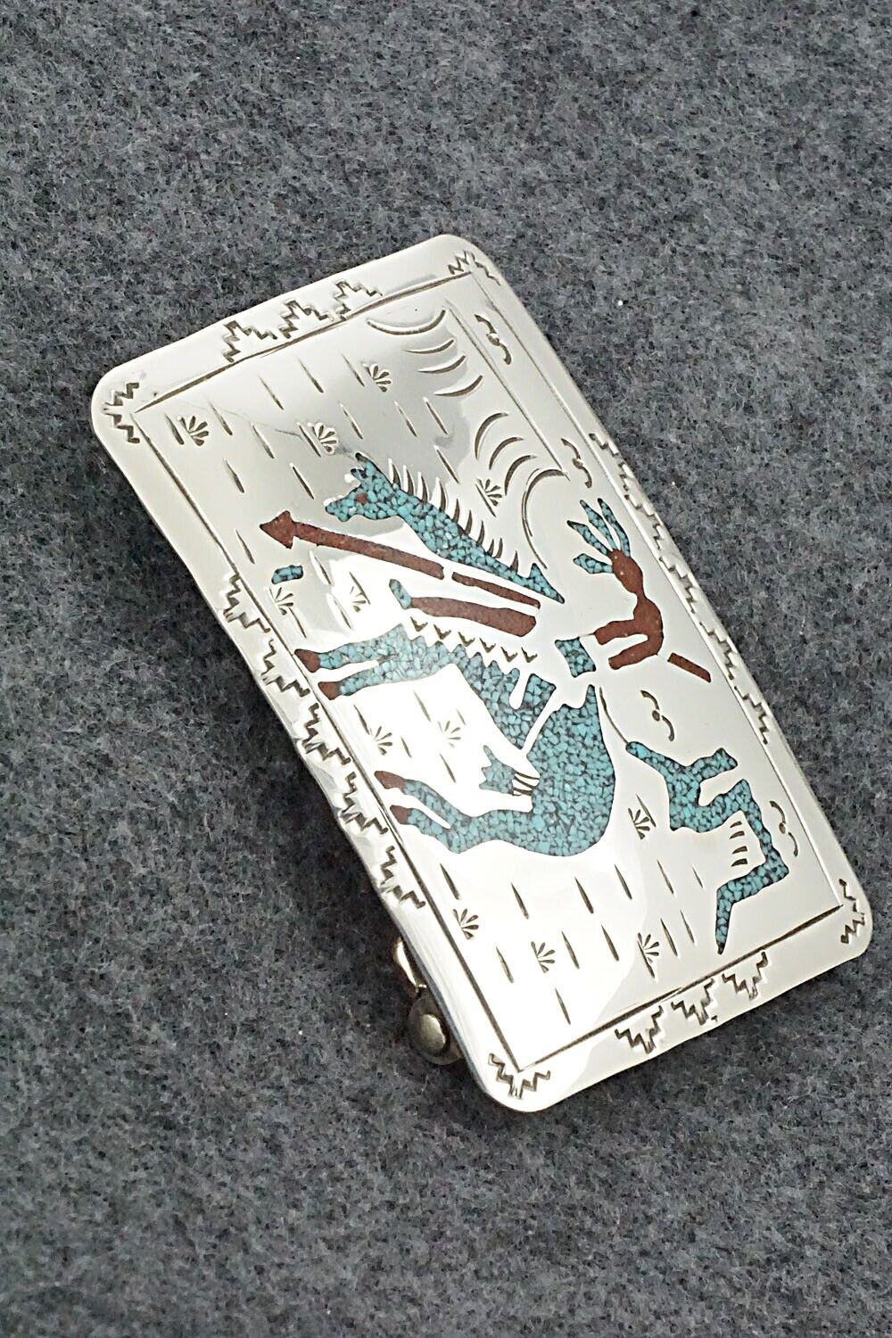 Turquoise, Coral Chip Inlay & Sterling Silver Belt Buckle - Raymond Begay