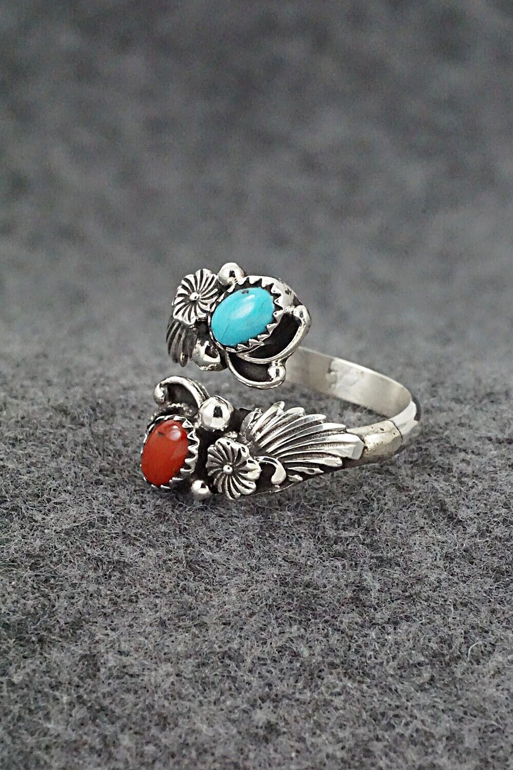 Turquoise, Coral & Sterling Silver Ring - Etta Belin - Size 9.5