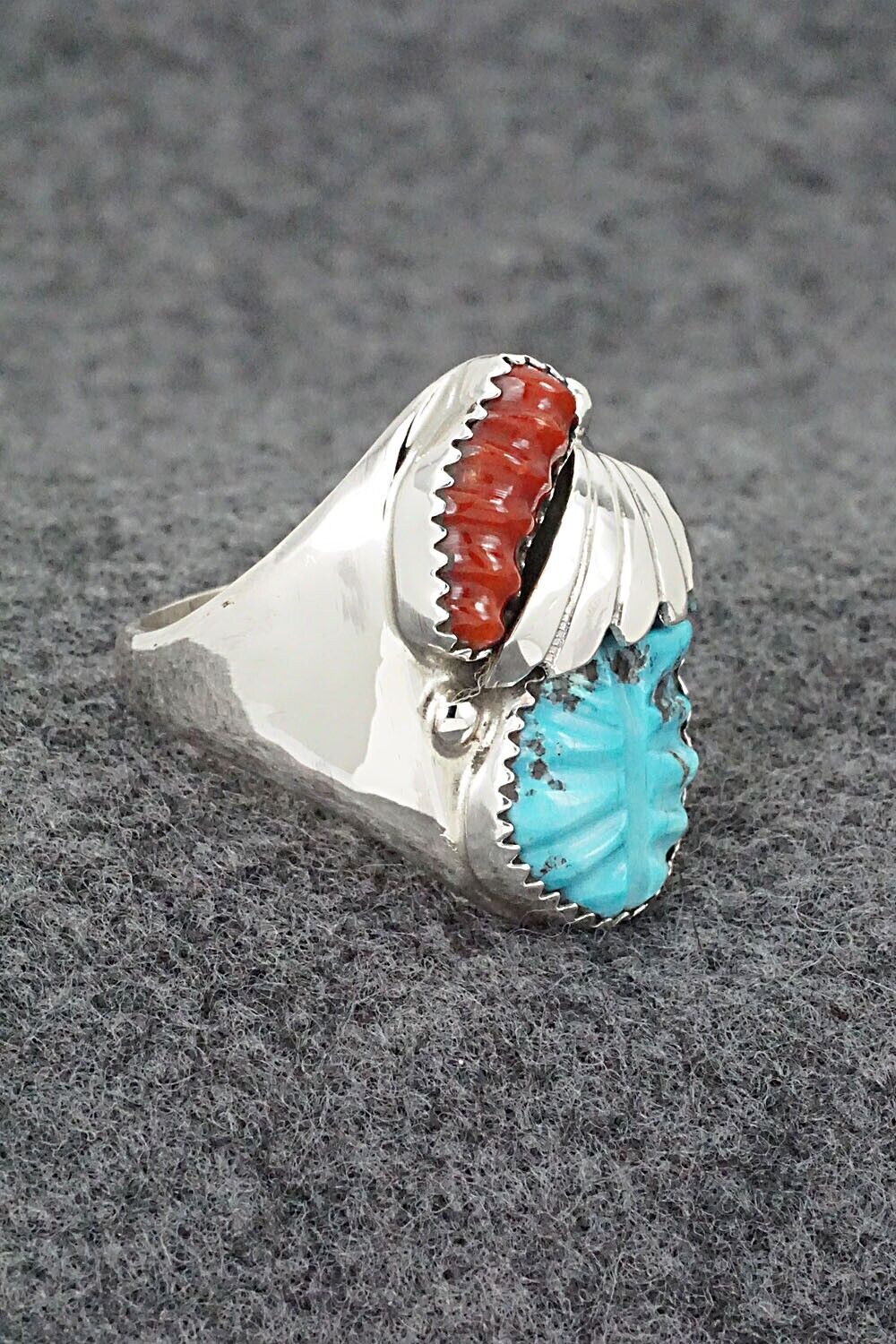 Coral, Turquoise & Sterling Silver Ring - Lyolita Tsattie - Size 10