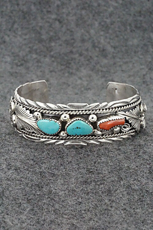 Turquoise, Coral & Sterling Silver Bracelet - Marie Thomas