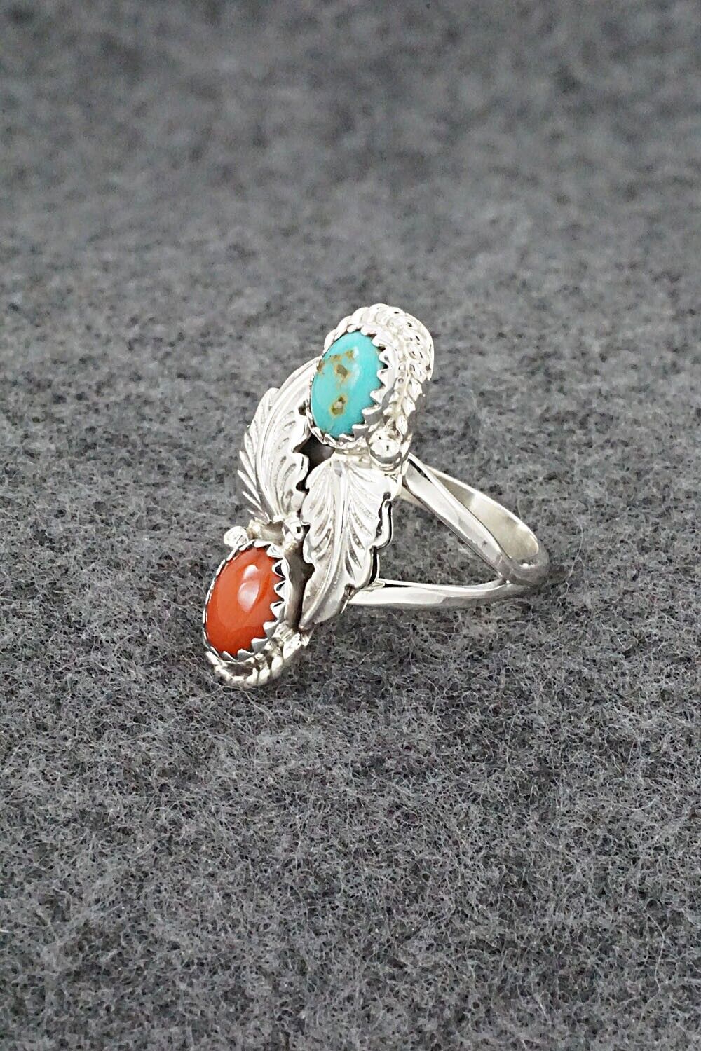 Turquoise, Coral & Sterling Silver Ring - Robert Martinez - Size 5.75