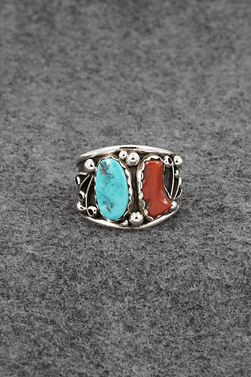 Turquoise, Coral & Sterling Silver Ring - Darrell Morgan - Size 13
