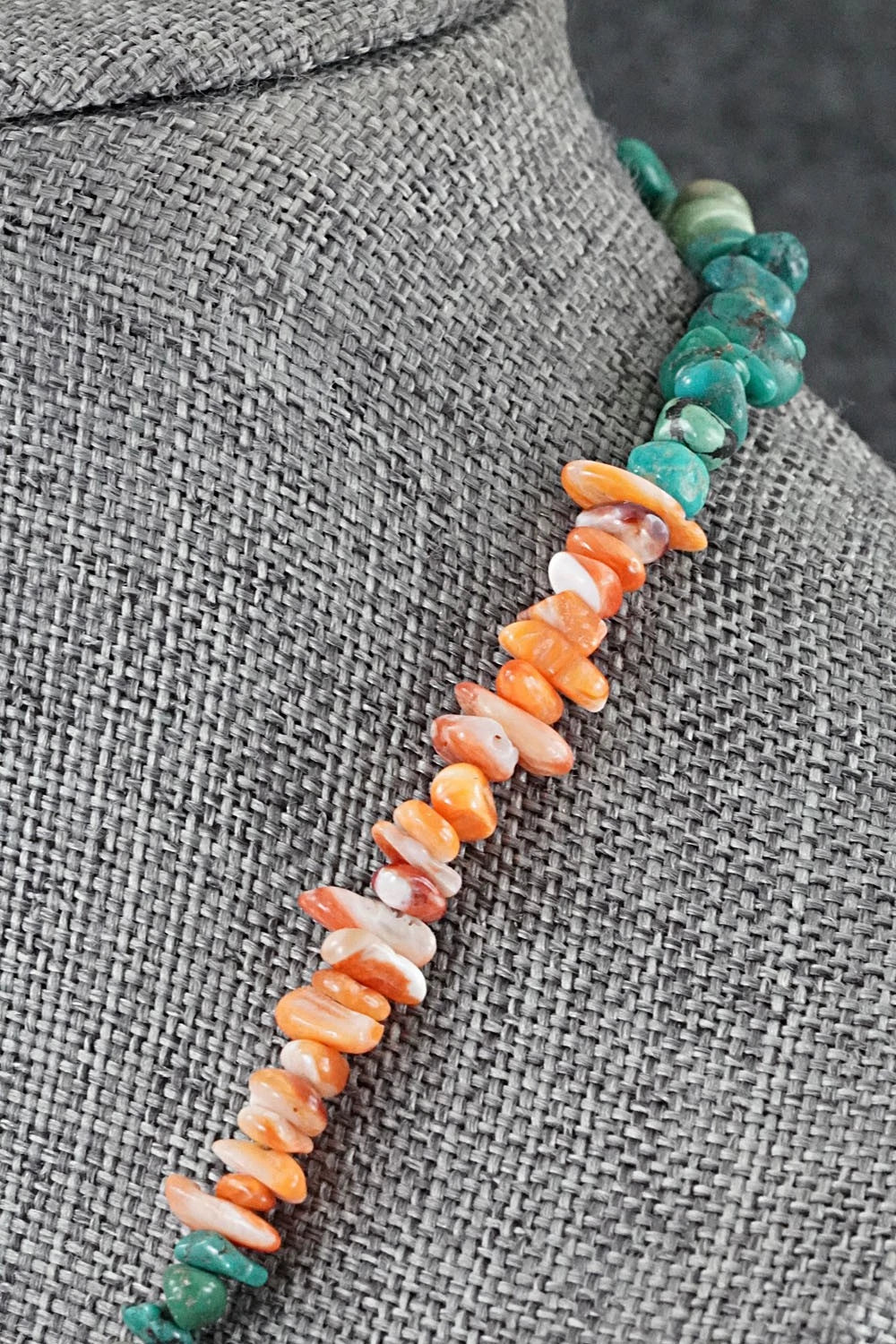 Turquoise, Spiny Oyster & Sterling Silver Necklace 17" - Doreen Jake