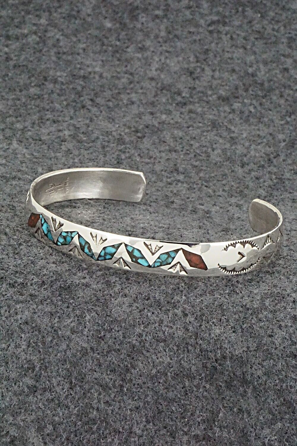 Turquoise, Coral Chip Inlay & Sterling Silver Bracelet - Joleen Yazzie