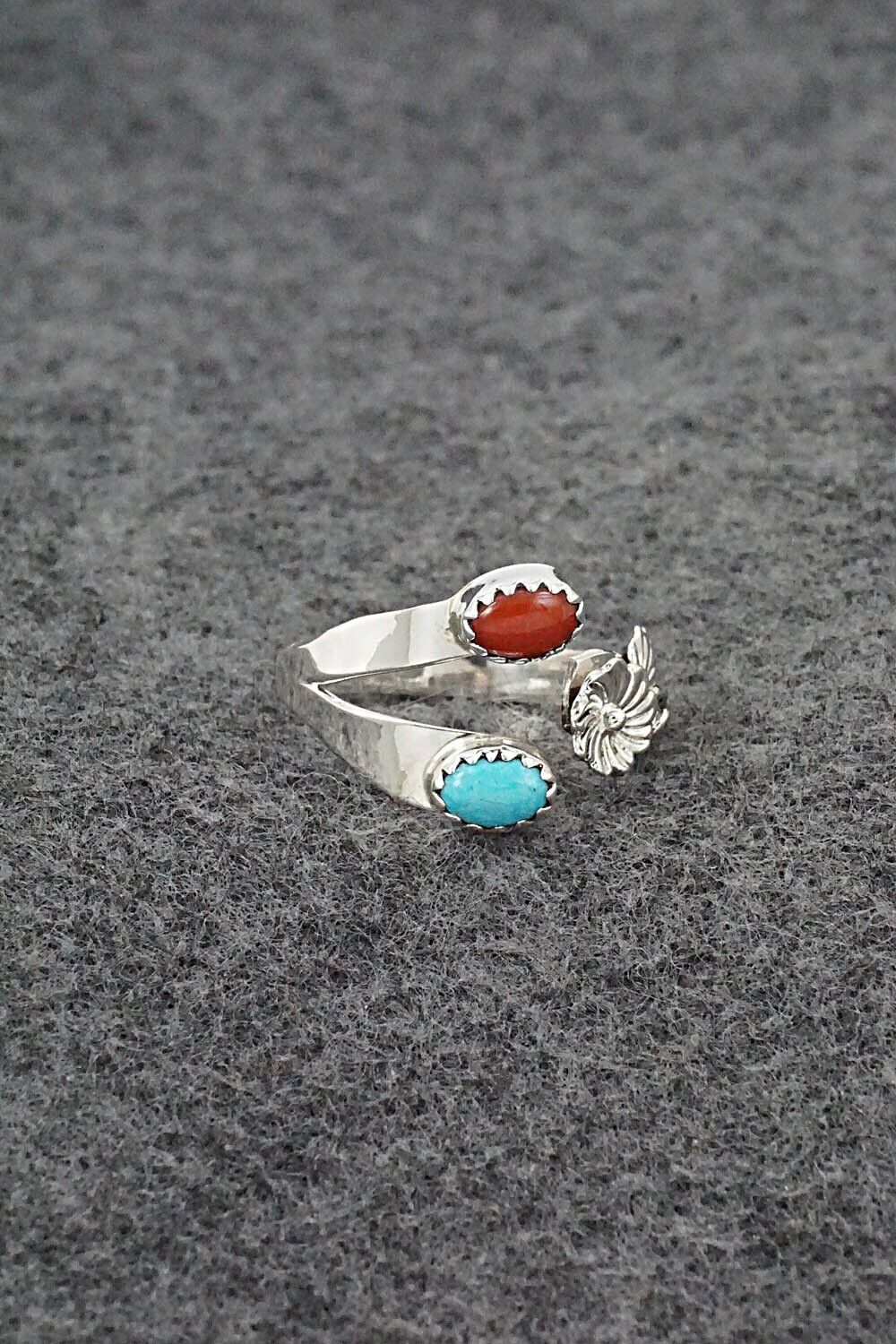 Turquoise, Coral & Sterling Silver Ring - Robert Martinez - Size 7