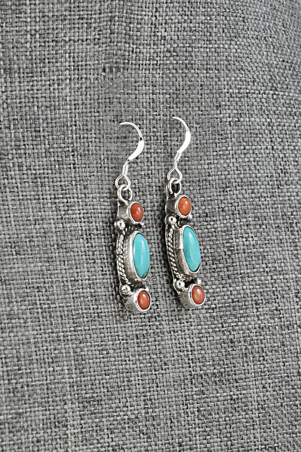 Turquoise, Coral & Sterling Silver Earrings - Verley Betone