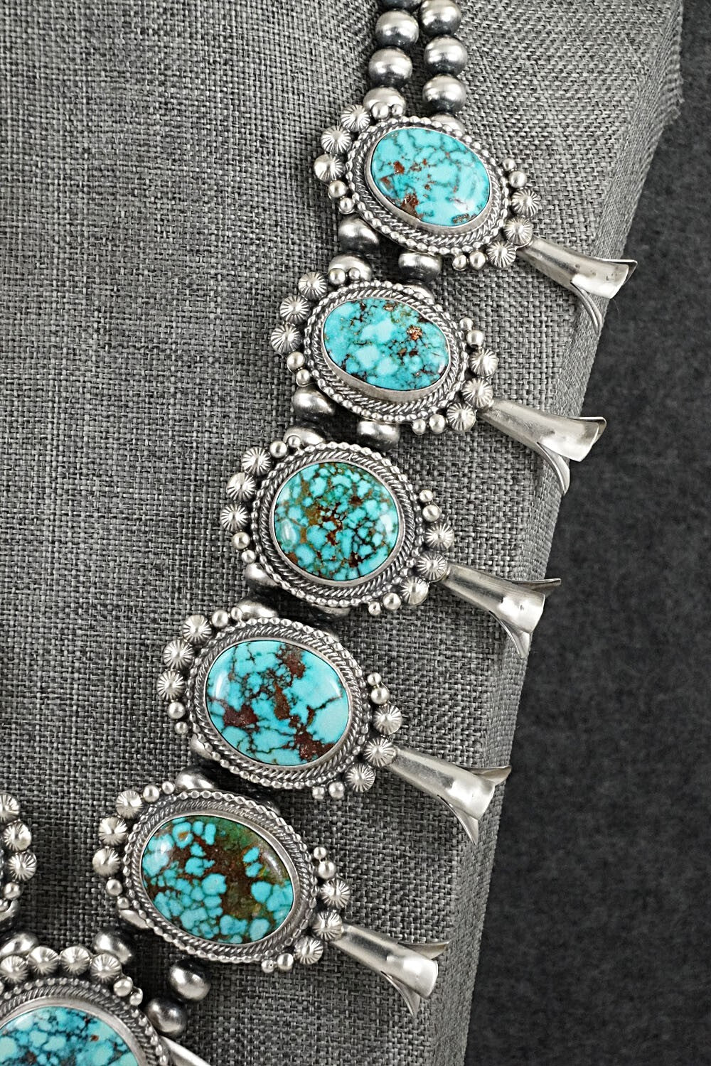 Turquoise & Sterling Silver Squash Blossom Necklace - Tom Lewis