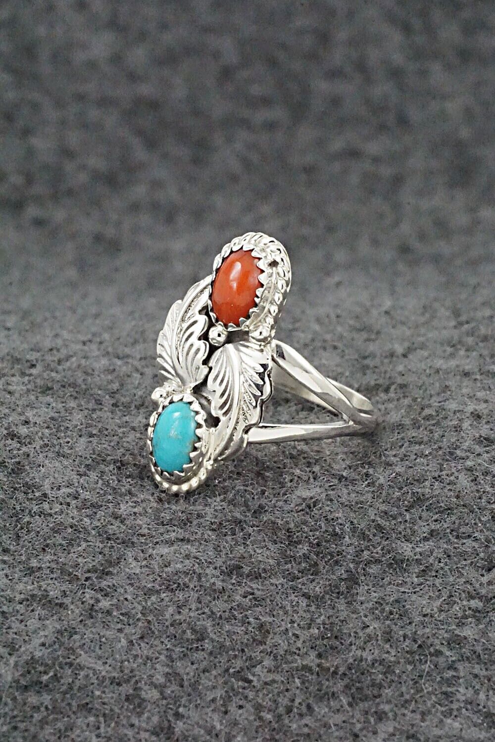 Turquoise, Coral & Sterling Silver Ring - Robert Martinez - Size 8.25
