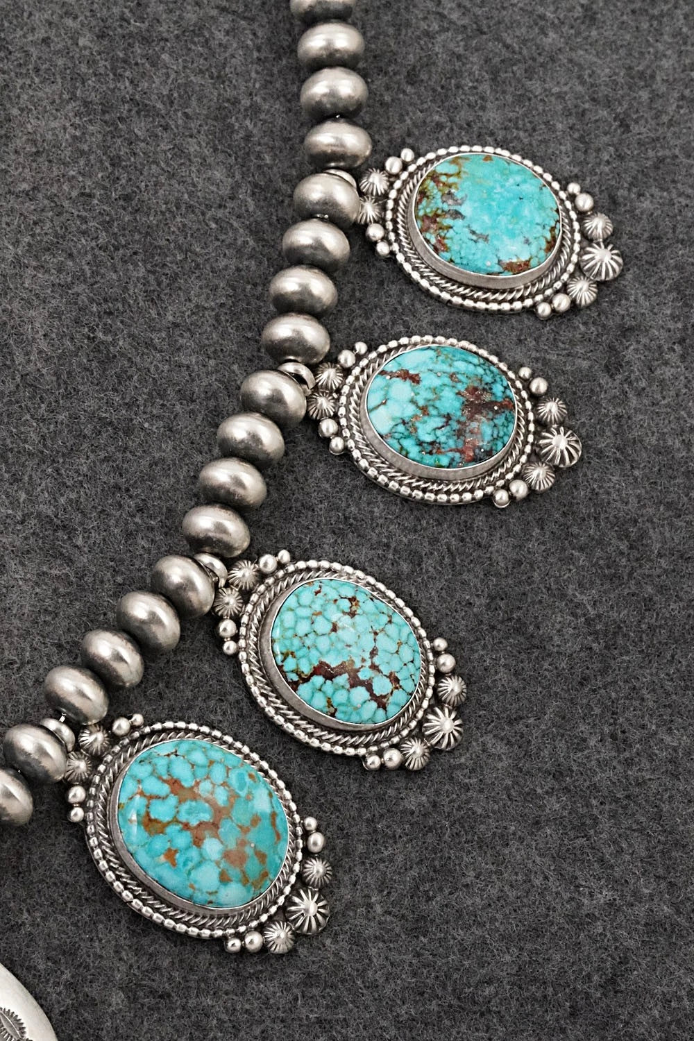 Turquoise & Sterling Silver Squash Blossom Necklace - Tom Lewis