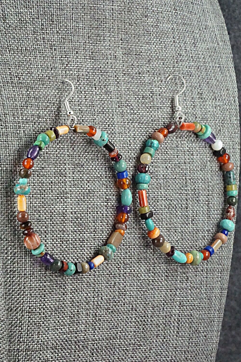 Multi Stone & Sterling Silver Hoop Earrings - Helen Tsosie