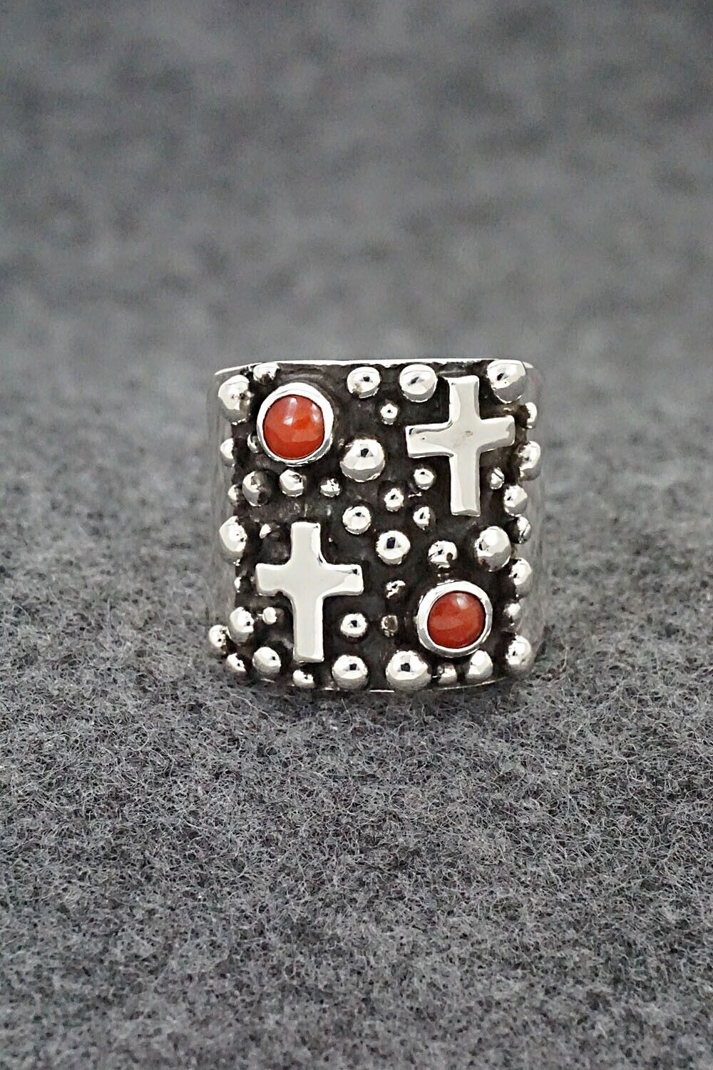 Coral and Sterling Silver Ring - Raymond Coriz - Size 7.5