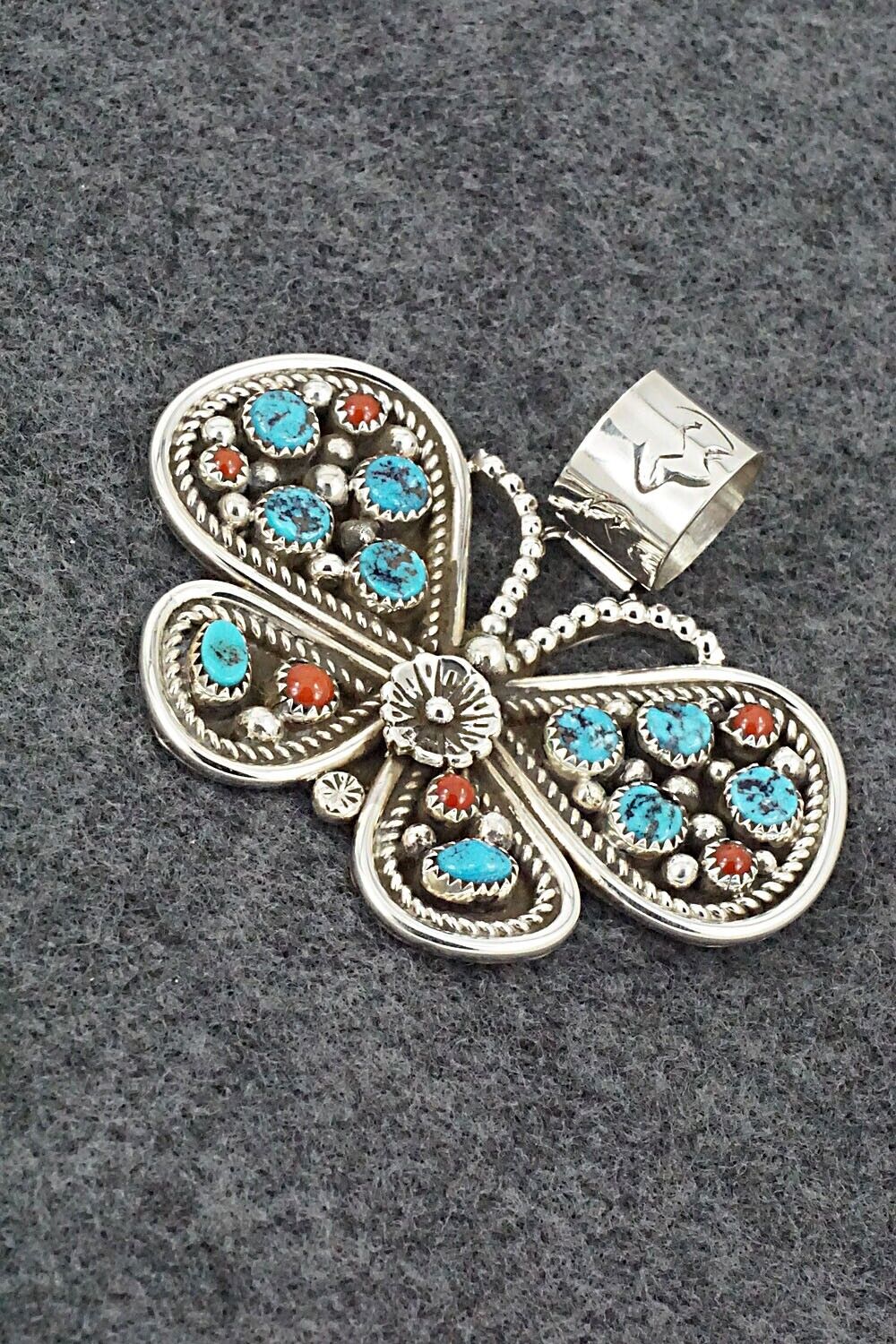 Turquoise, Coral & Sterling Silver Pendant - Darlene Begay