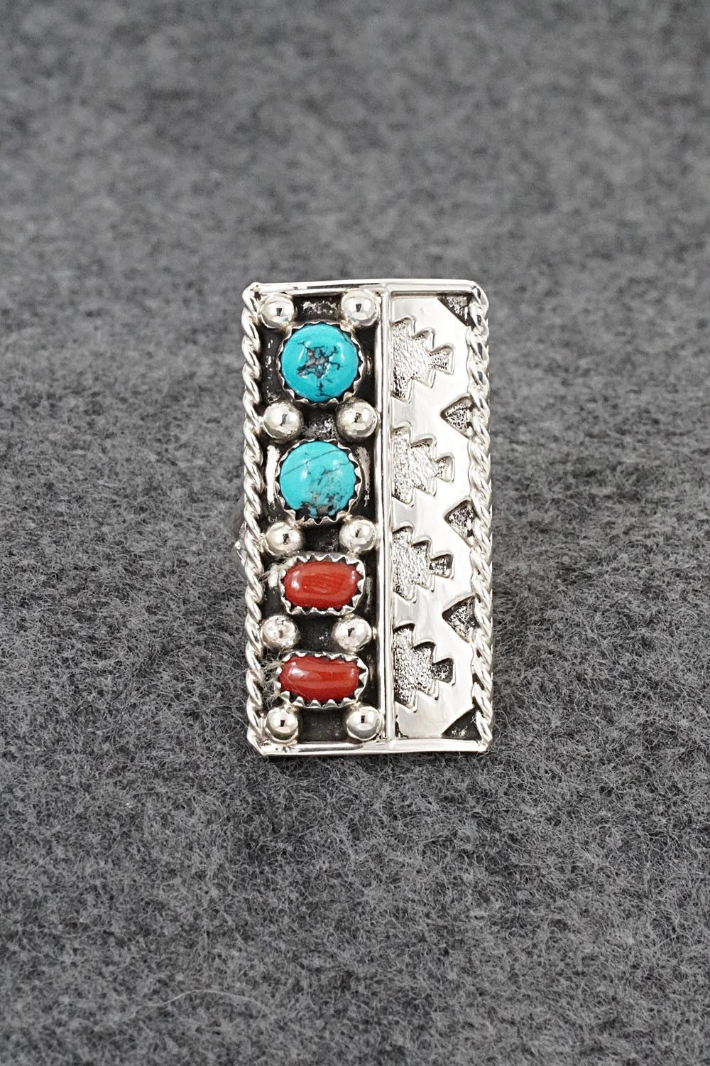 Turquoise, Coral & Sterling Silver Ring - Ronnie Spencer - Size 7.5