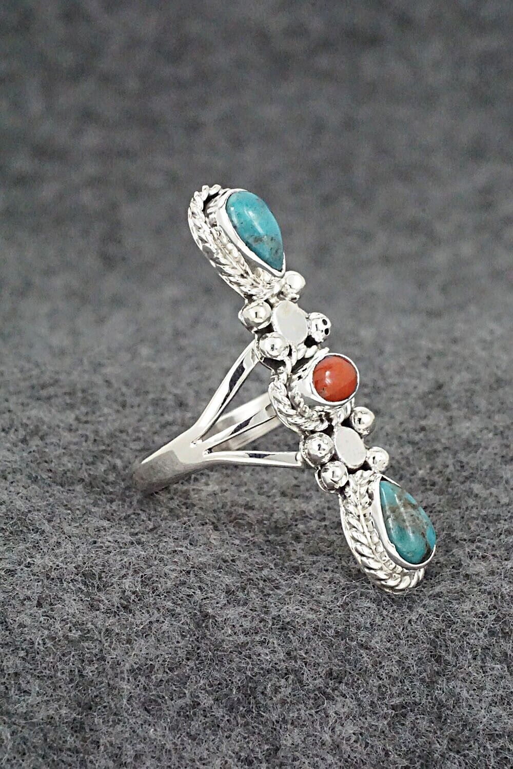Turquoise, Coral & Sterling Silver Ring - Andrew Vandever - Size 8