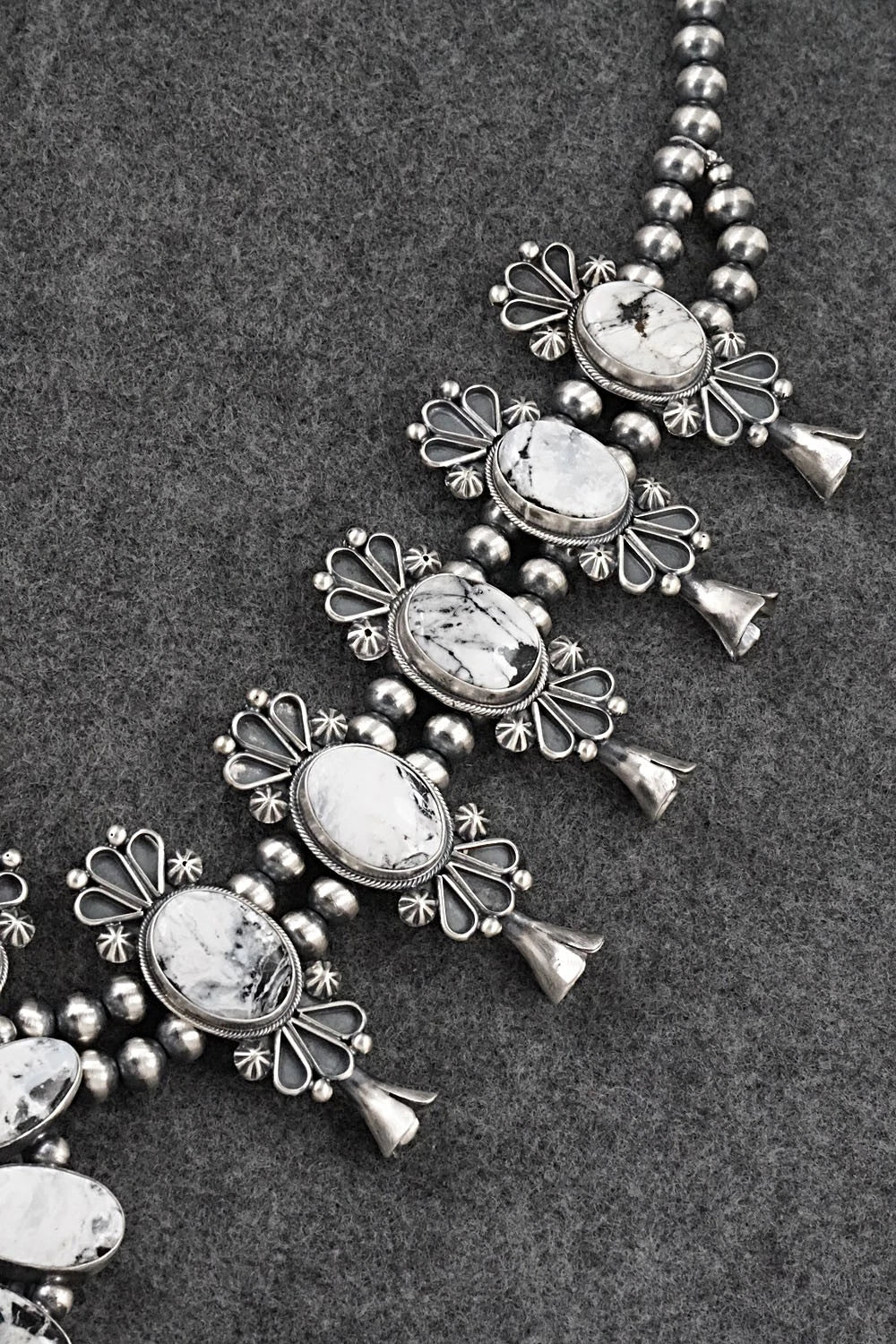 White Buffalo & Sterling Silver Squash Blossom Set - Paul Livingston
