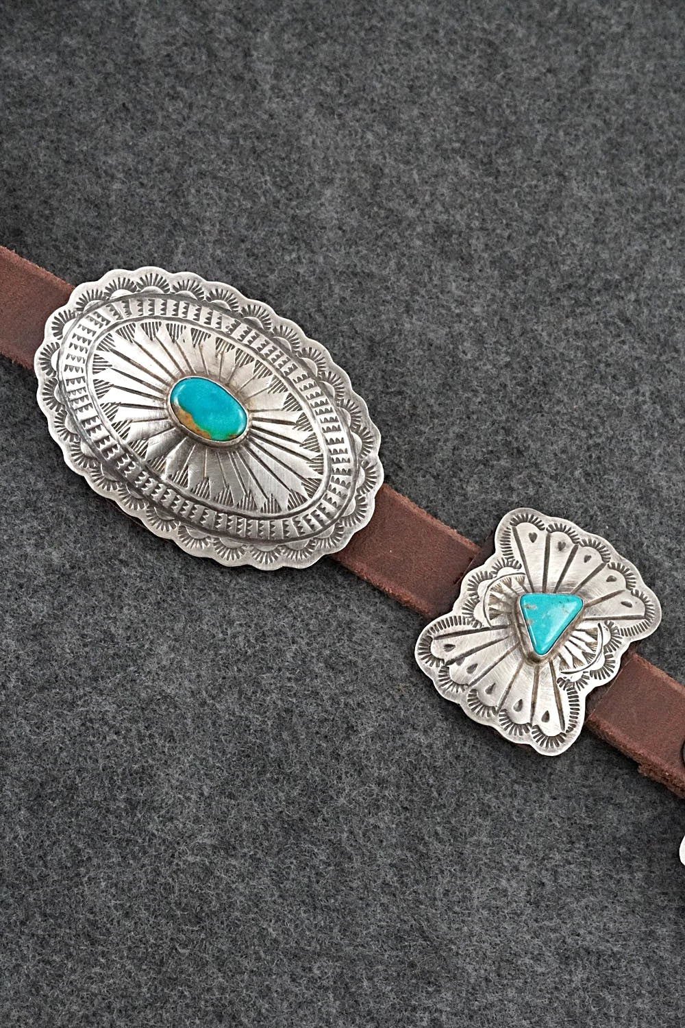 Turquoise, Sterling Silver & Leather Concho Belt - Dan Morgan