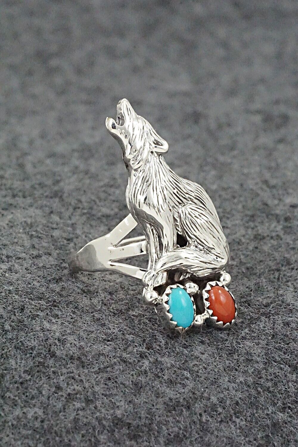 Turquoise, Coral & Sterling Silver Ring - Jerryson Henio - Size 8.75