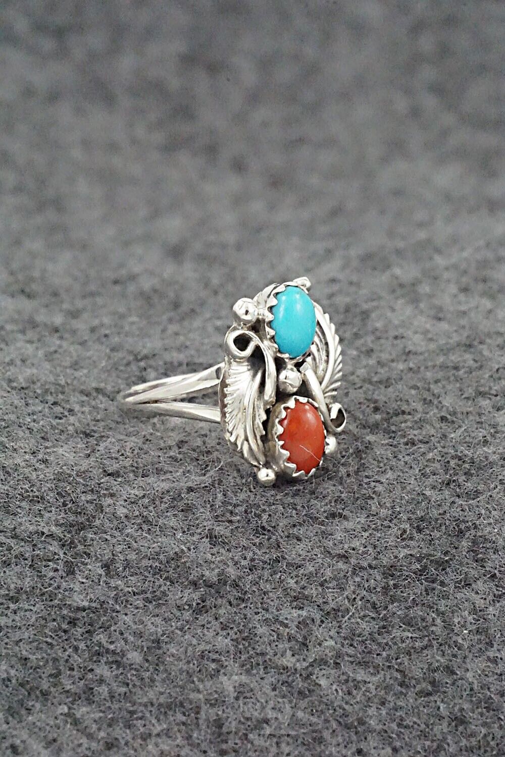 Turquoise, Coral & Sterling Silver Ring - Harris Largo - Size 5.5