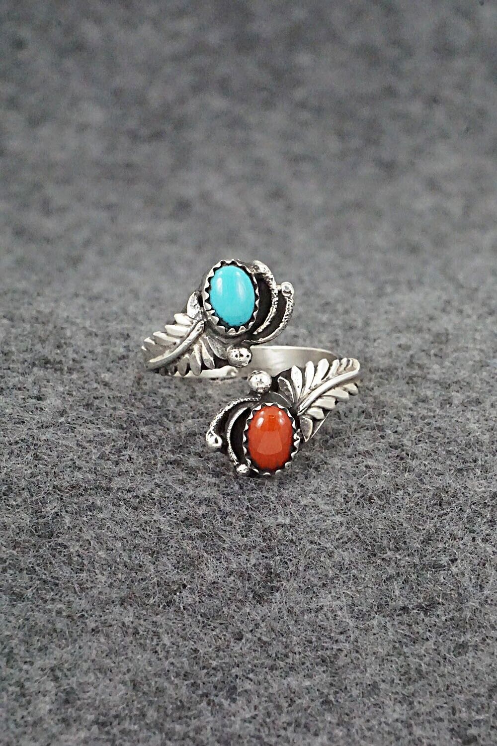 Turquoise, Coral & Sterling Silver Ring - Etta Belin - Size 7