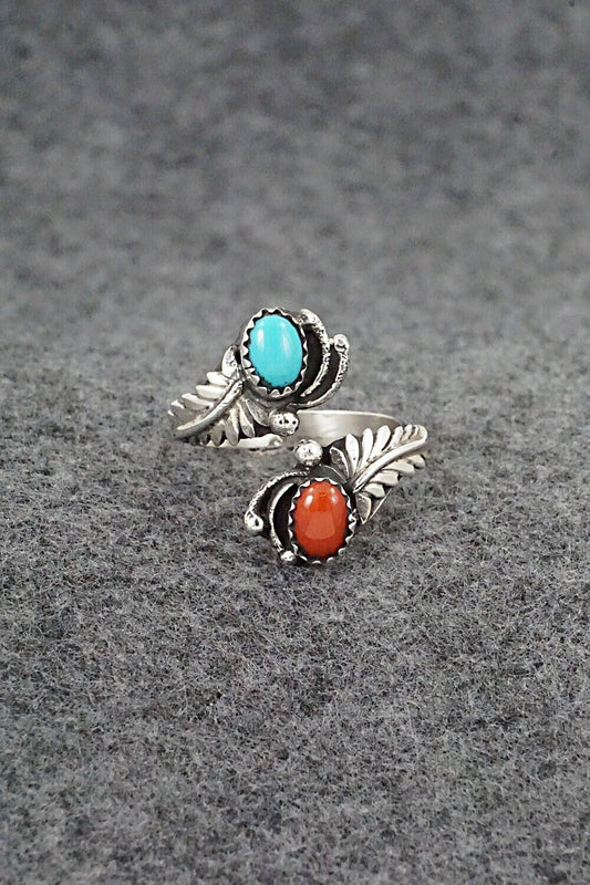 Turquoise, Coral & Sterling Silver Ring - Etta Belin - Size 7