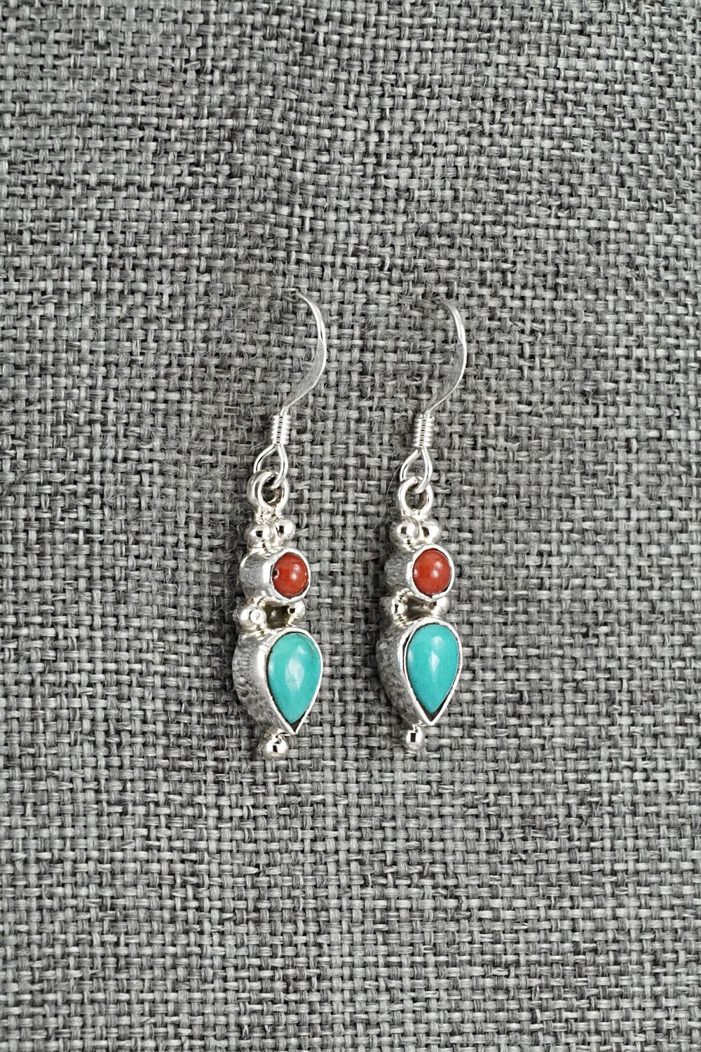 Turquoise, Coral & Sterling Silver Earrings - Gary Shorty