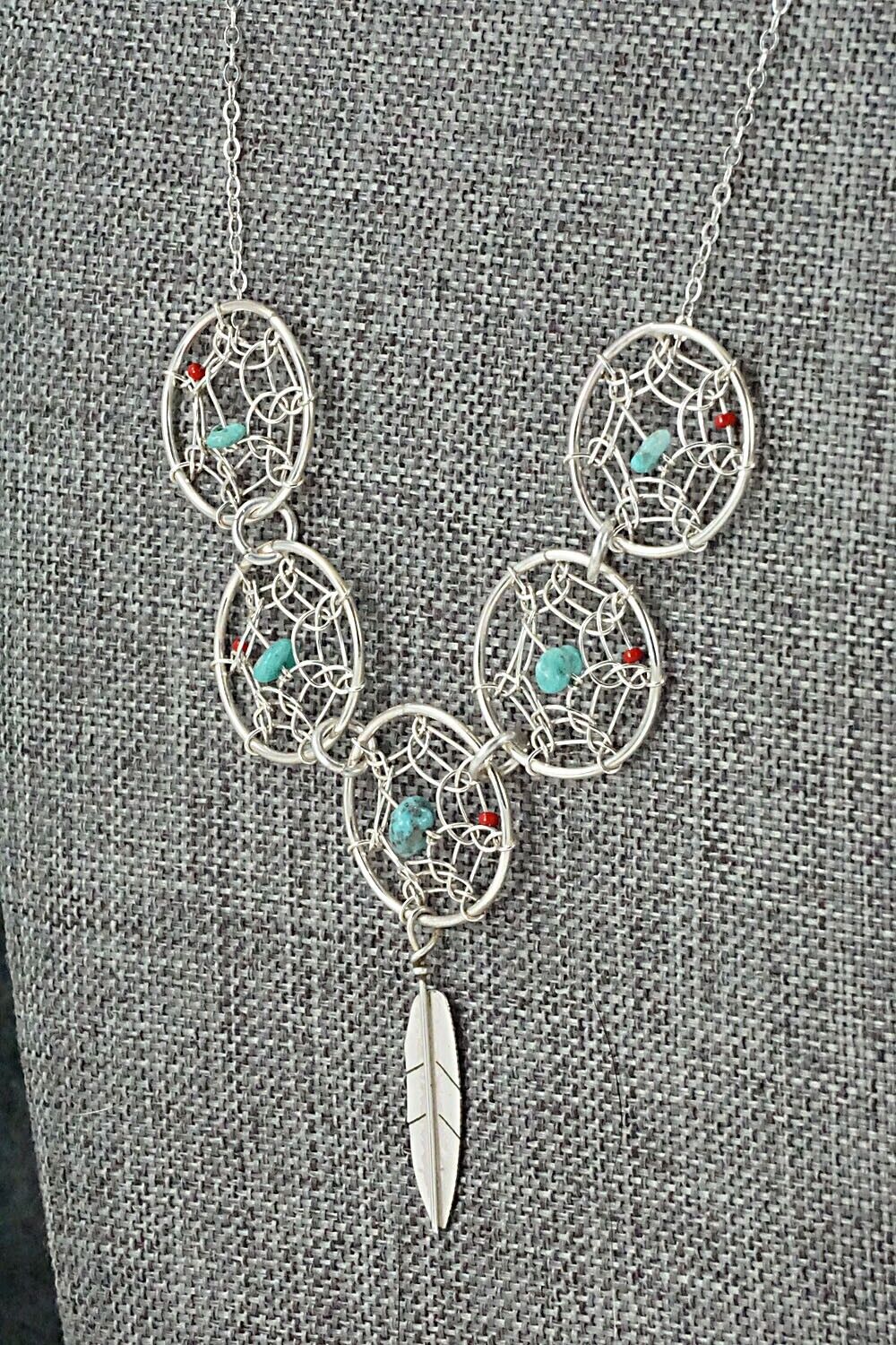 Turquoise, Coral & Sterling Silver Necklace - Lorenzo Arviso Jr.