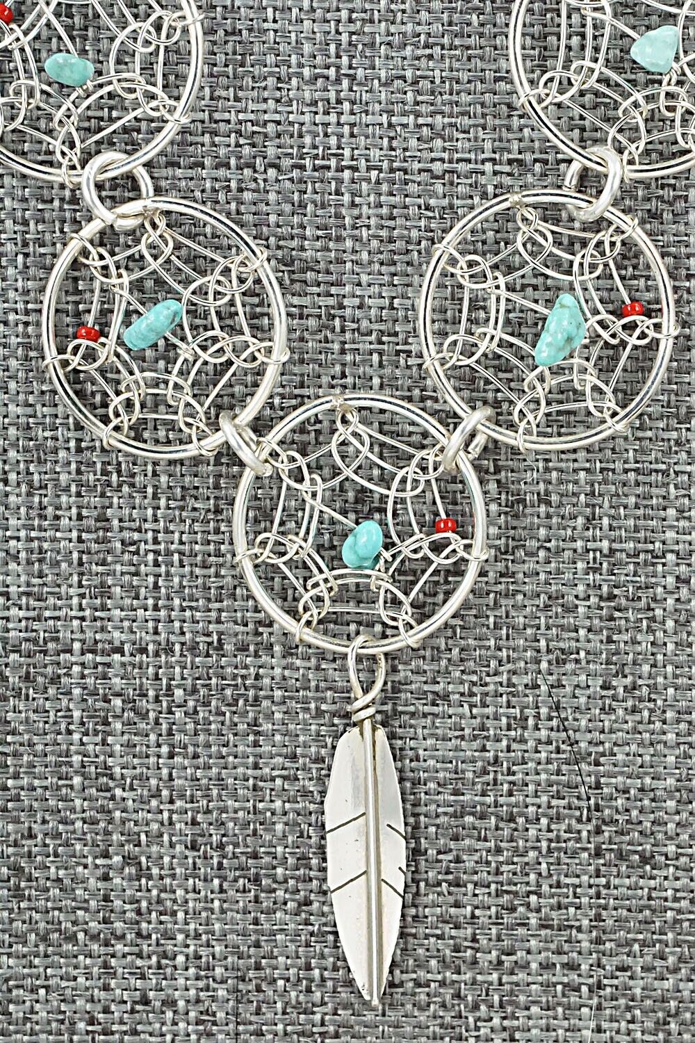 Turquoise, Coral & Sterling Silver Necklace - Lorenzo Arviso Jr.