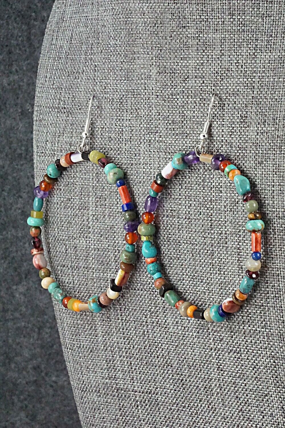 Multi Stone & Sterling Silver Hoop Earrings - Helen Tsosie