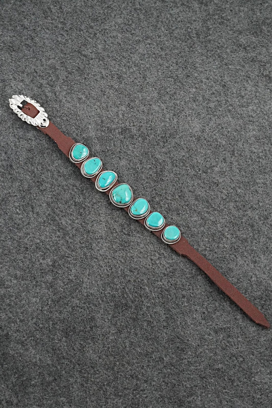 Turquoise, Sterling Silver & Leather Bracelet - Bonnie Willie