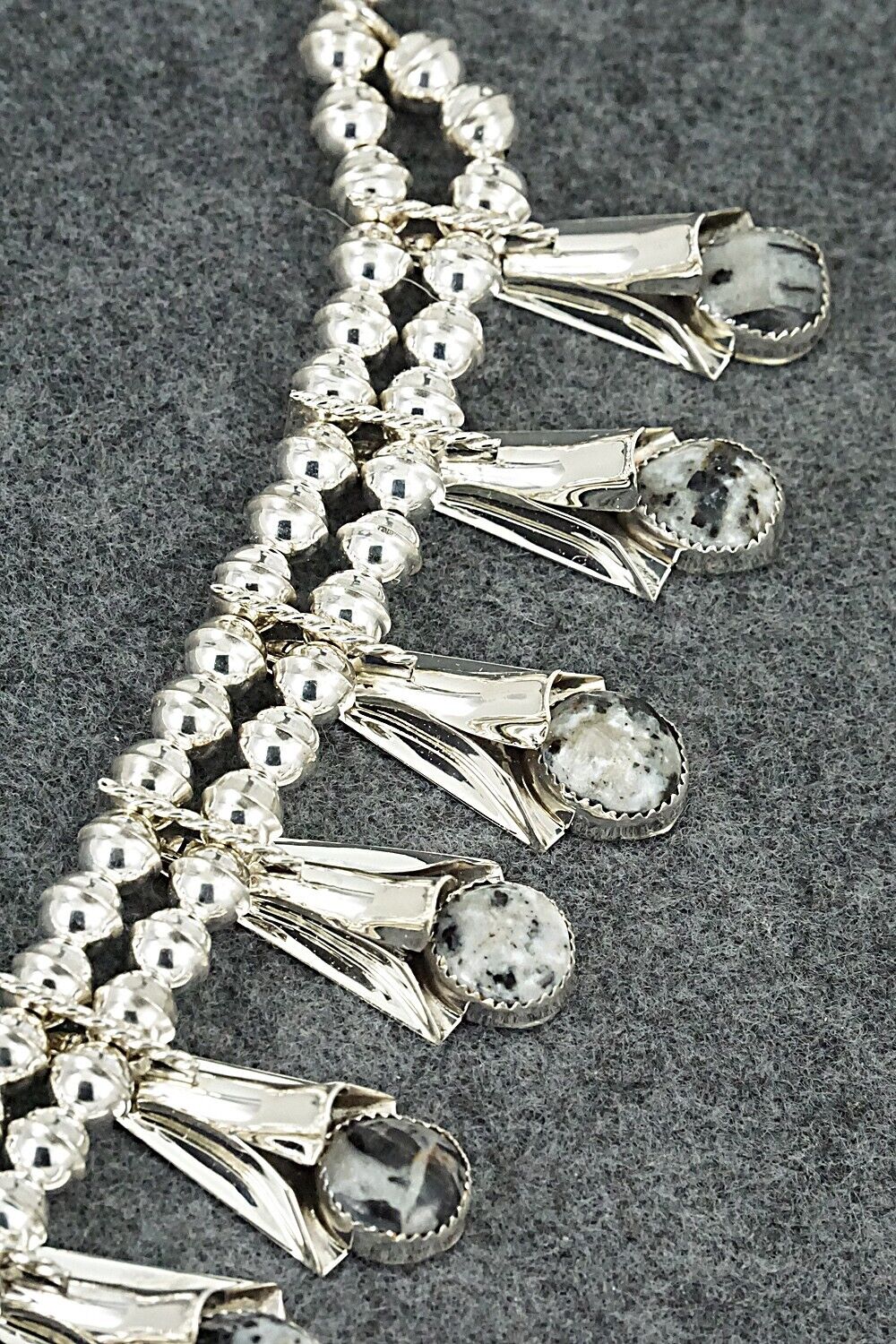 White Buffalo & Sterling Silver Squash Blossom Set - Louise Yazzie